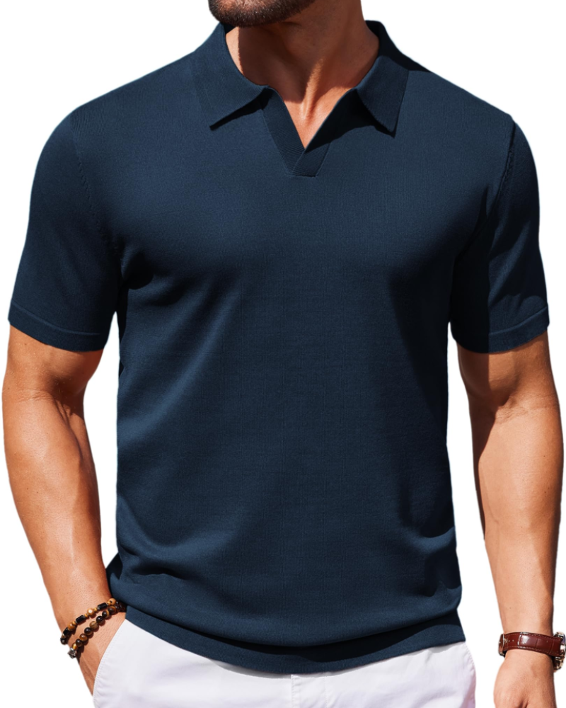 Ethan Men's Knit Polo Shirt – Ice Silk V-Neck Slim Fit Polo for Work and Travel