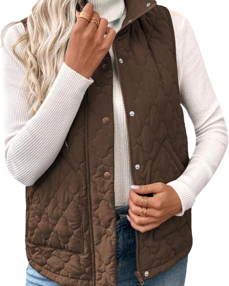 Camille Women’s Puffer Vest – Lightweight Quilted Zip-Up with Stand Collar & Pockets