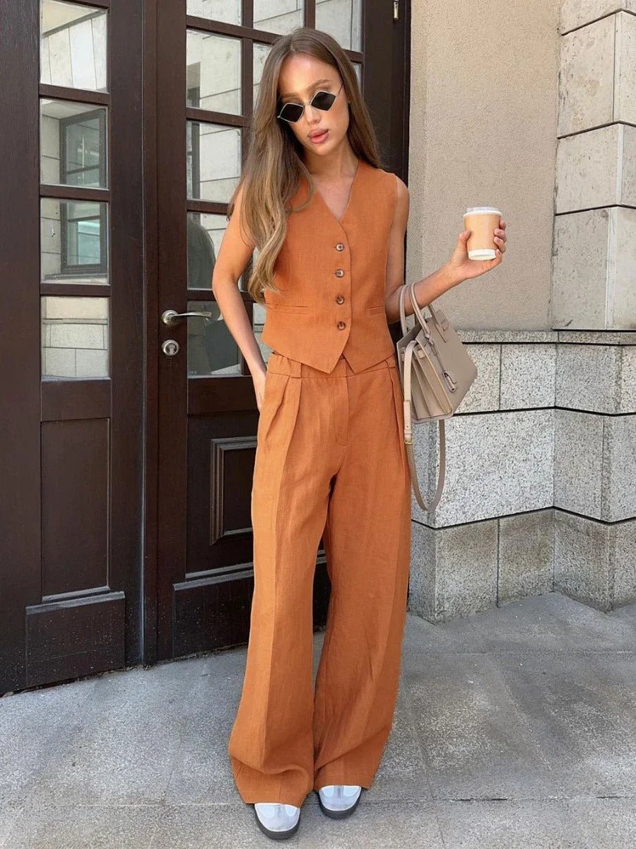 Freya Women’s Linen Set – Sleeveless Vest & Wide Leg Summer Co-Ord Outfit