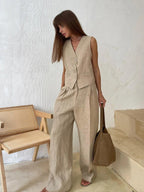 Freya Women’s Linen Set – Sleeveless Vest & Wide Leg Summer Co-Ord Outfit