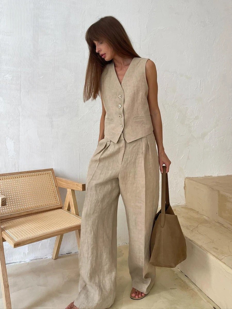 Freya Women’s Linen Set – Sleeveless Vest & Wide Leg Summer Co-Ord Outfit