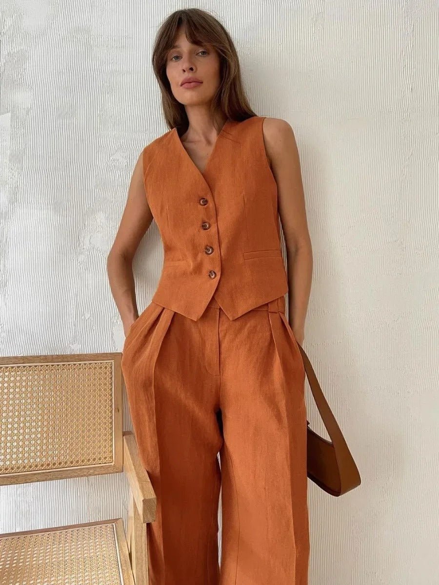 Freya Women’s Linen Set – Sleeveless Vest & Wide Leg Summer Co-Ord Outfit