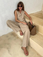 Freya Women’s Linen Set – Sleeveless Vest & Wide Leg Summer Co-Ord Outfit
