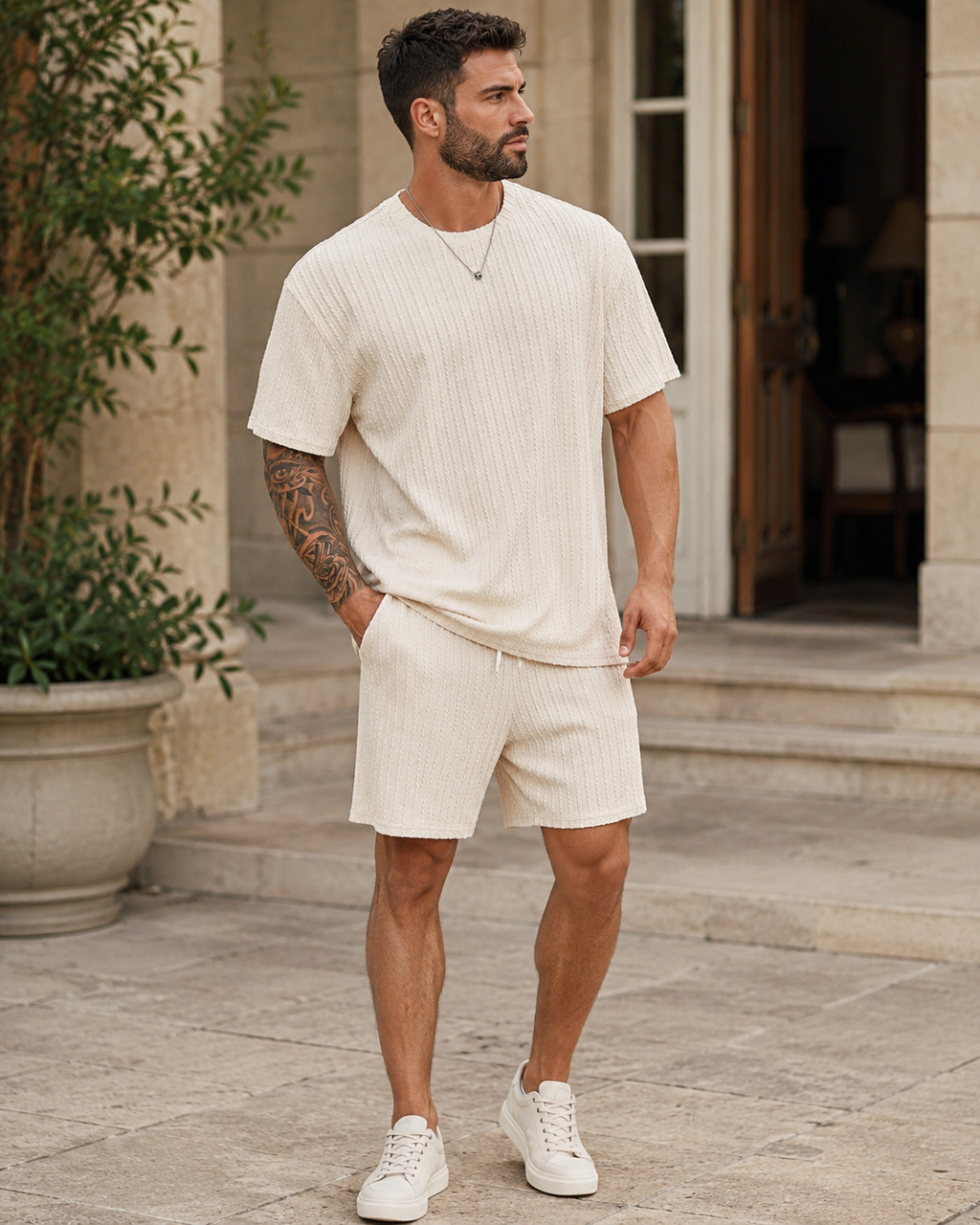 Calvin Men's Summer 2-Piece Set – T-Shirt & Shorts Elastic Waist Casual Sports Outfit