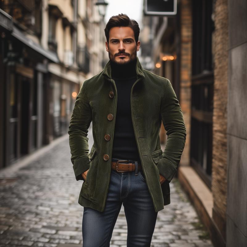 Emerson Men's Corduroy Coat – Slim Fit Button Front High Collar Vintage Jacket