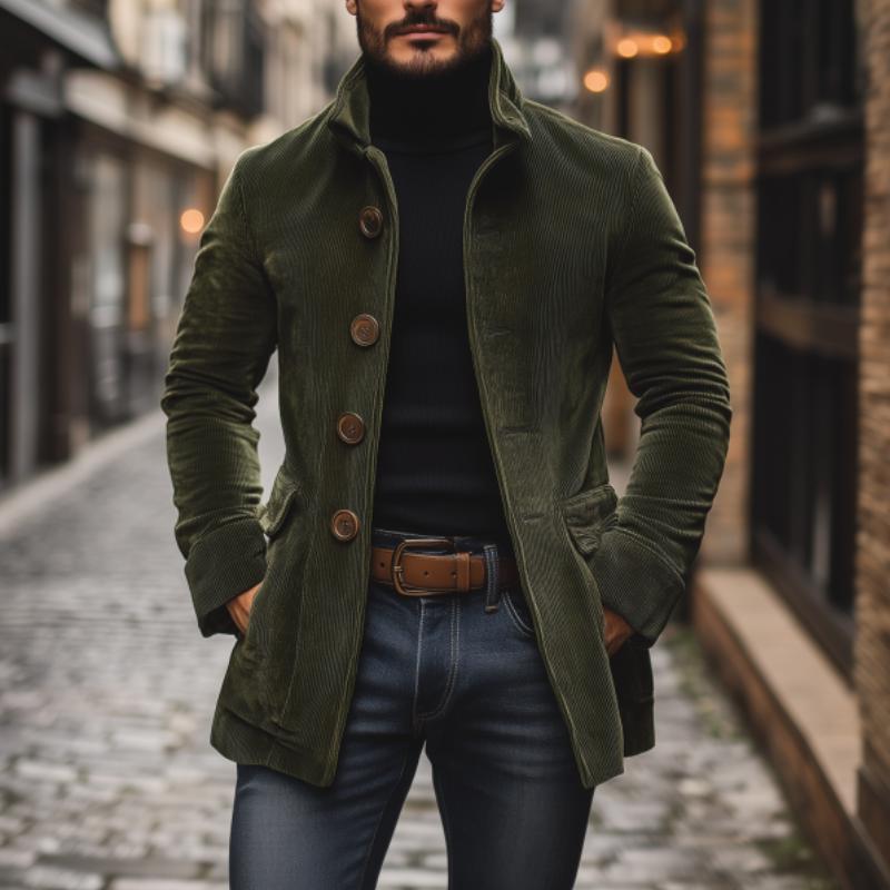 Emerson Men's Corduroy Coat – Slim Fit Button Front High Collar Vintage Jacket
