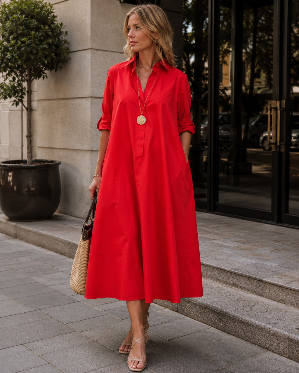 Charlotte Women's A-Line Midi Dress – Button-Down Long Sleeve Casual & Office Dress