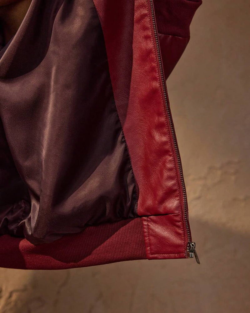 Vince Men's Red Faux Leather Jacket – Oversized Urban Zip Jacket for Fall and Winter