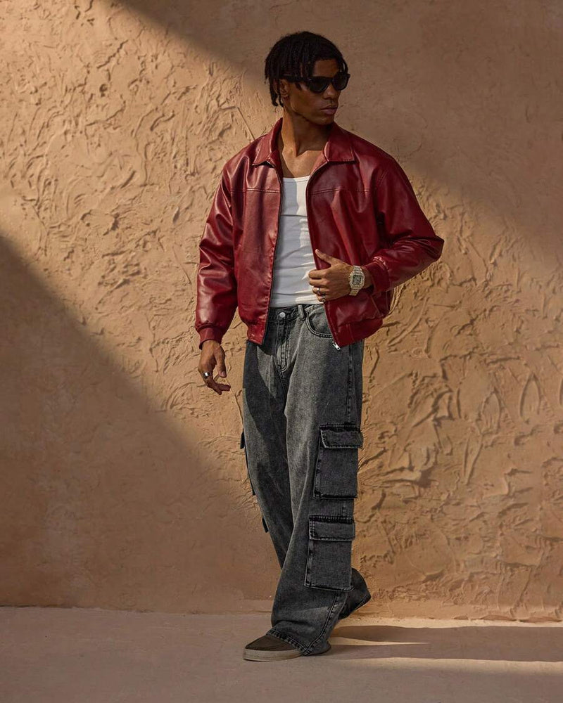 Vince Men's Red Faux Leather Jacket – Oversized Urban Zip Jacket for Fall and Winter