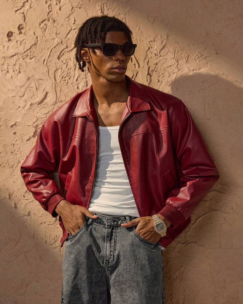 Vince Men's Red Faux Leather Jacket – Oversized Urban Zip Jacket for Fall and Winter