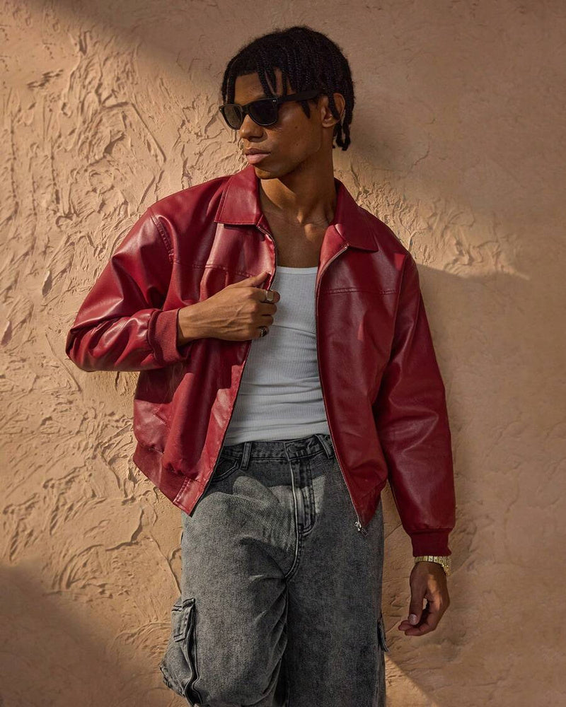 Vince Men's Red Faux Leather Jacket – Oversized Urban Zip Jacket for Fall and Winter