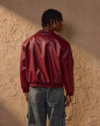 Vince Men's Red Faux Leather Jacket – Oversized Urban Zip Jacket for Fall and Winter