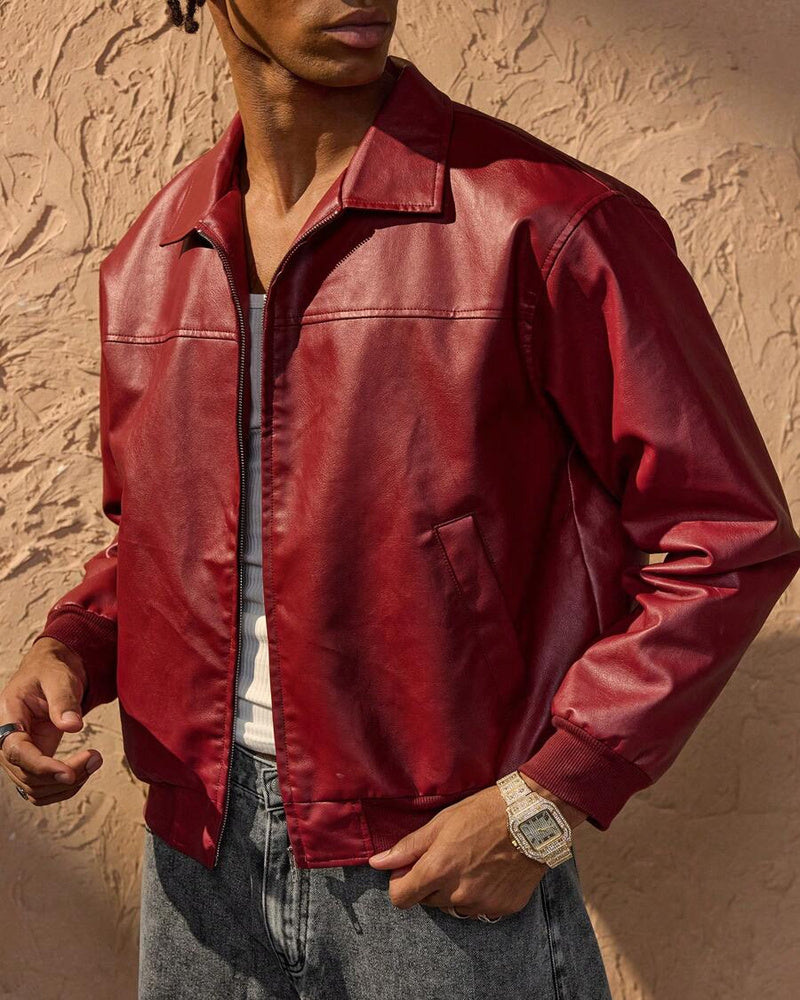 Vince Men's Red Faux Leather Jacket – Oversized Urban Zip Jacket for Fall and Winter