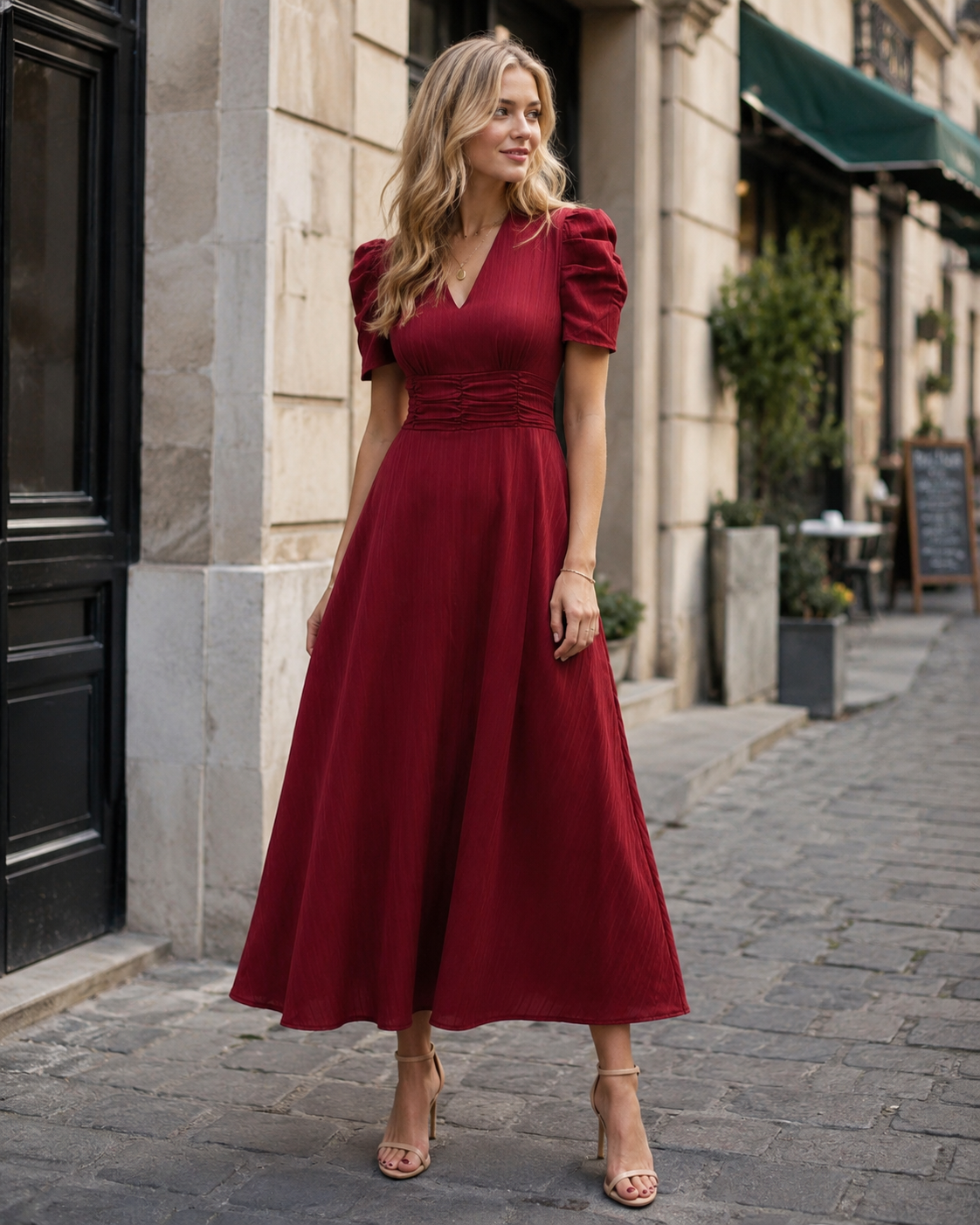 Clara Women’s Midi Dress – Elegant V-Neck A-Line Dress with Puff Sleeves