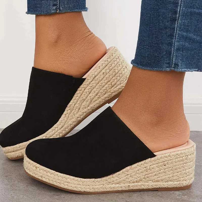 Mika Women's Wedge Mules – Navy Espadrille Slip-On Sandals with Jute Trim