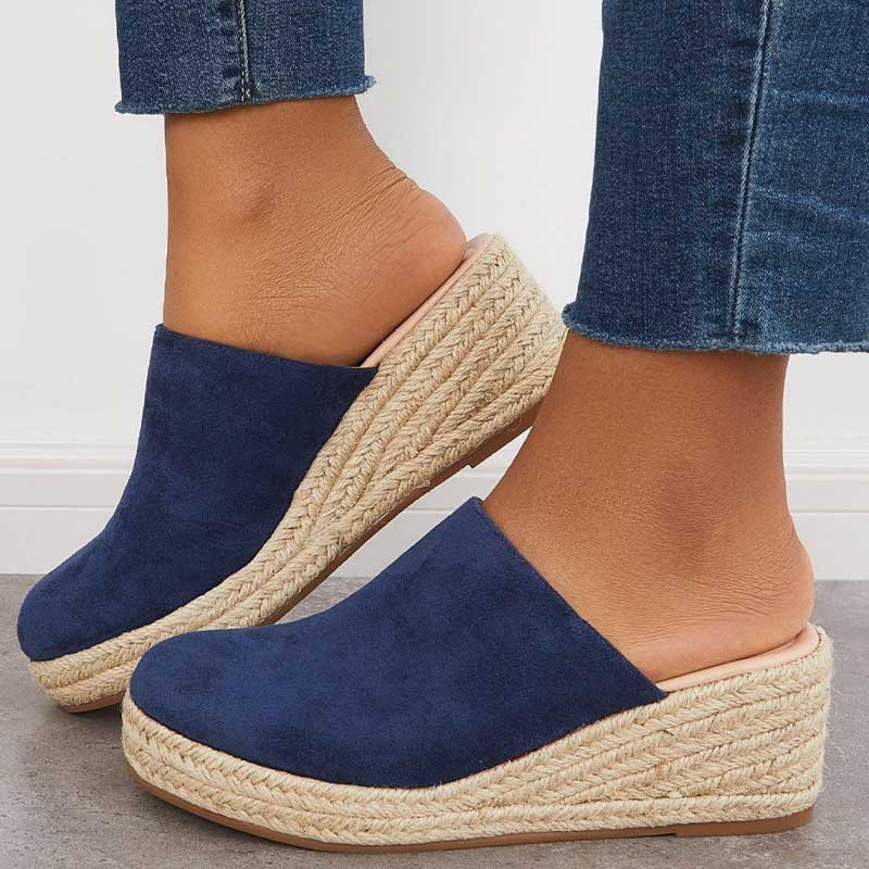 Mika Women's Wedge Mules – Navy Espadrille Slip-On Sandals with Jute Trim