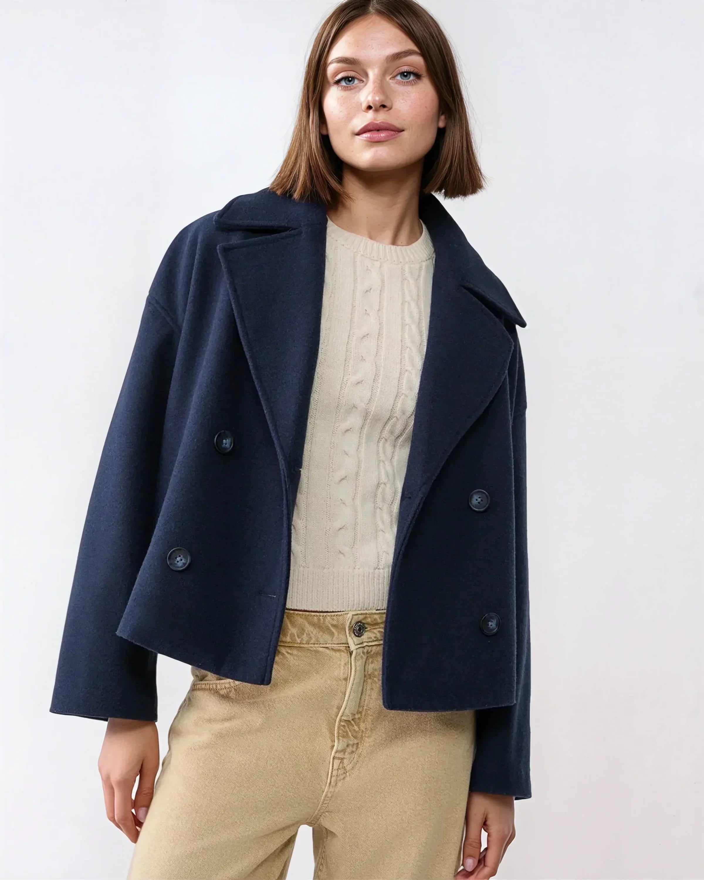 Vanessa Women's Cropped Wool Jacket – Double-Breasted Warm Winter Coat