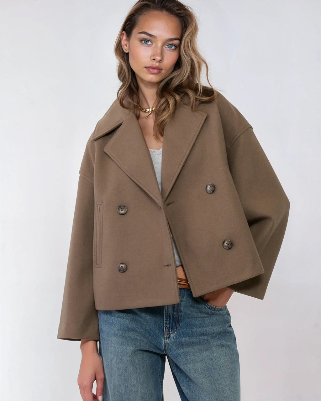 Vanessa Women's Cropped Wool Jacket – Double-Breasted Warm Winter Coat