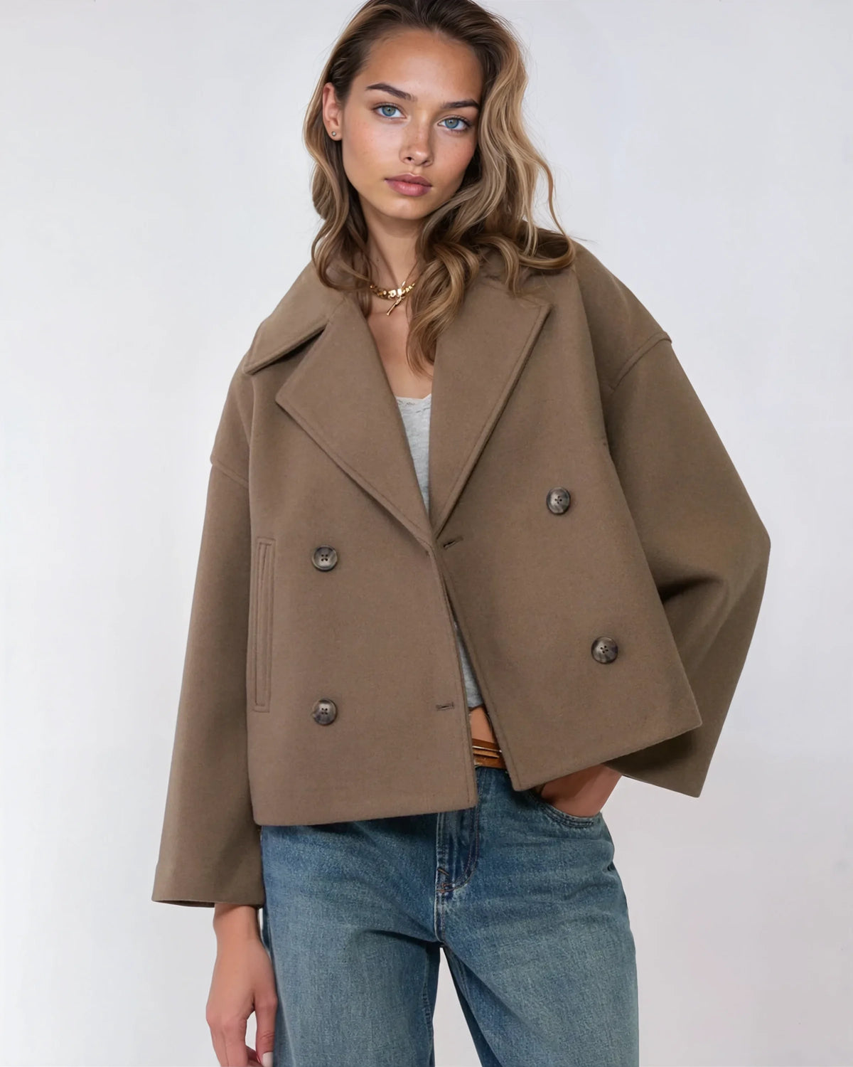 Vanessa Women's Cropped Wool Jacket – Double-Breasted Warm Winter Coat