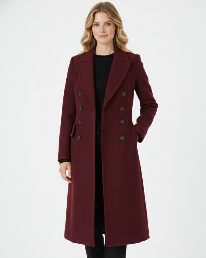 Vian Women's Long Wool Blend Coat – Burgundy Double-Breasted Winter Coat