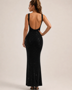 Verity Women's Sequin Maxi Dress – Square Neck Open Back Evening Gown