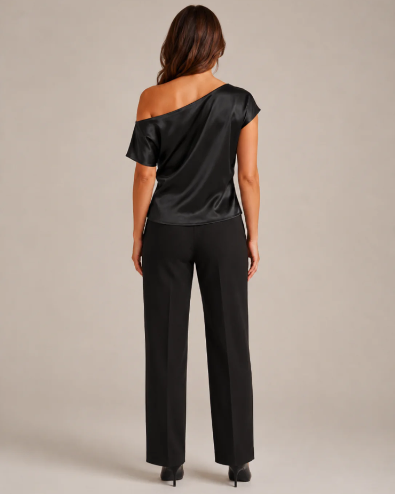 Cambria Women's Asymmetric Neck Top – Slim-Fit Satin Pullover Blouse