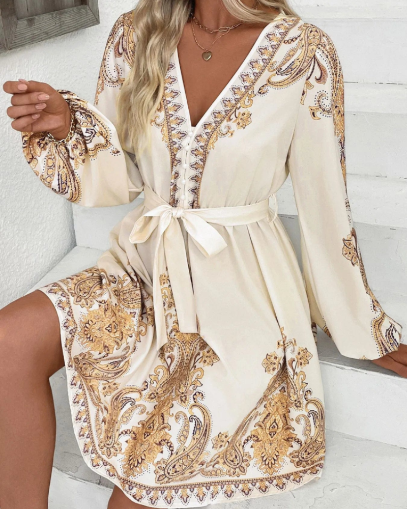 Heather Women's Printed Dress – Beige Long Sleeve Tie-Waist Style