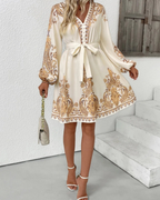 Heather Women's Printed Dress – Beige Long Sleeve Tie-Waist Style