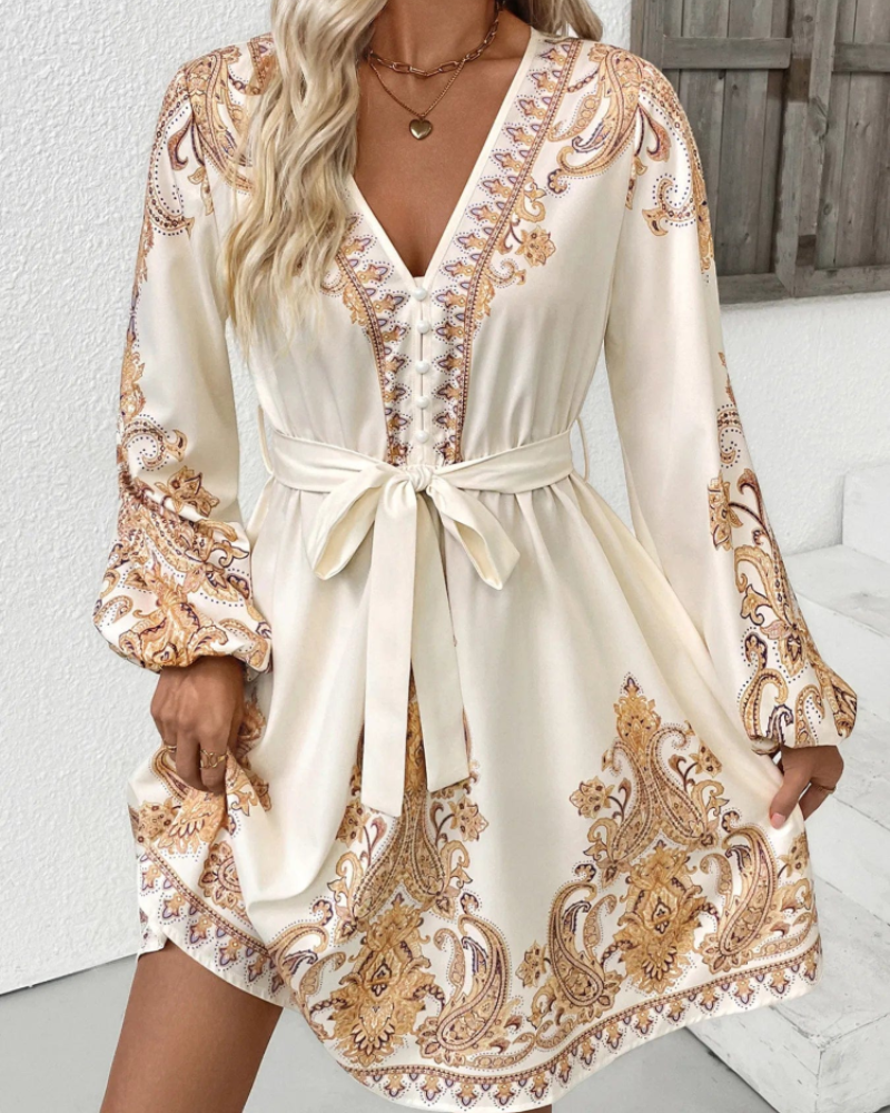 Heather Women's Printed Dress – Beige Long Sleeve Tie-Waist Style