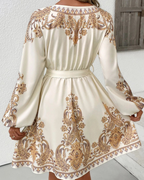 Heather Women's Printed Dress – Beige Long Sleeve Tie-Waist Style