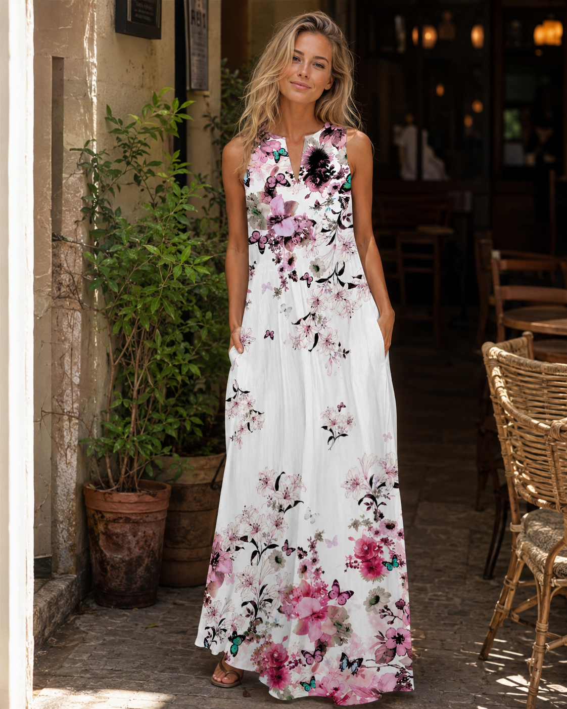 Kiera Women's Butterfly Floral Maxi Dress – Sleeveless V-Neck A-Line Dress with Pockets