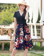 Maya Women’s Floral Midi Dress – V-Neck A-Line Empire Waist Dress with Pockets