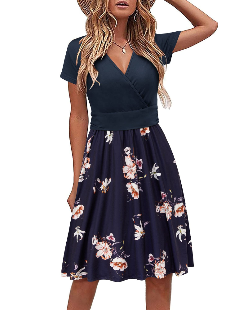 Maya Women’s Floral Midi Dress – V-Neck A-Line Empire Waist Dress with Pockets
