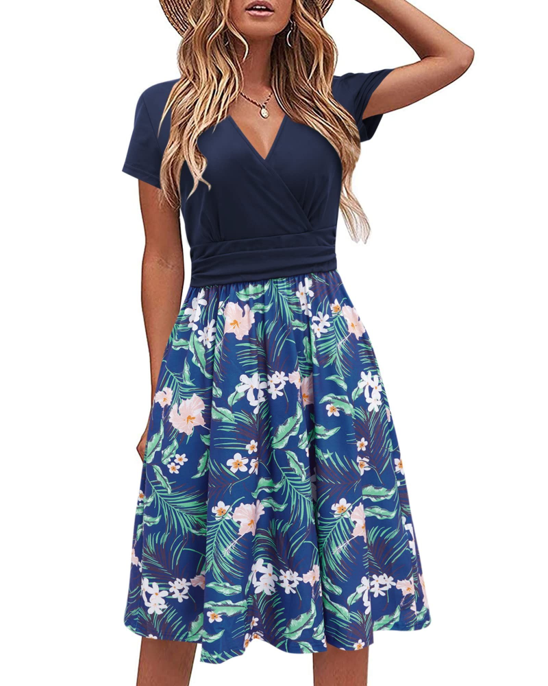 Maya Women’s Floral Midi Dress – V-Neck A-Line Empire Waist Dress with Pockets