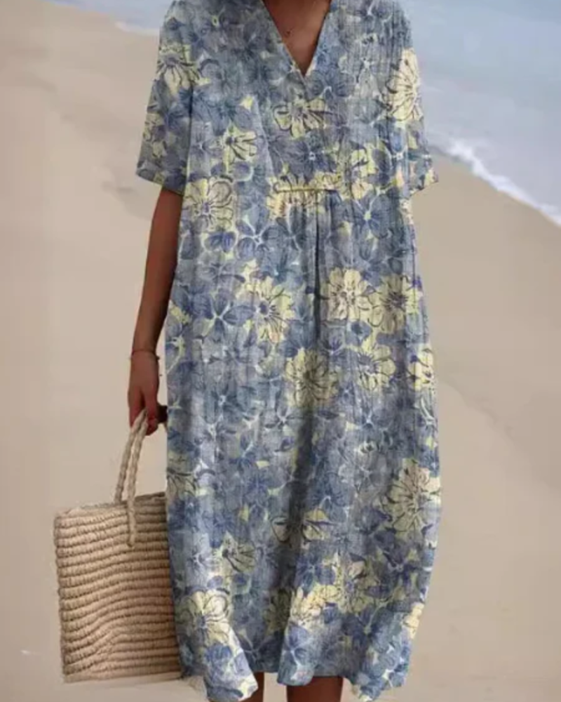 Delilah Women's Floral Midi Dress – V-Neck, Pleated Detail & Relaxed Summer Fit