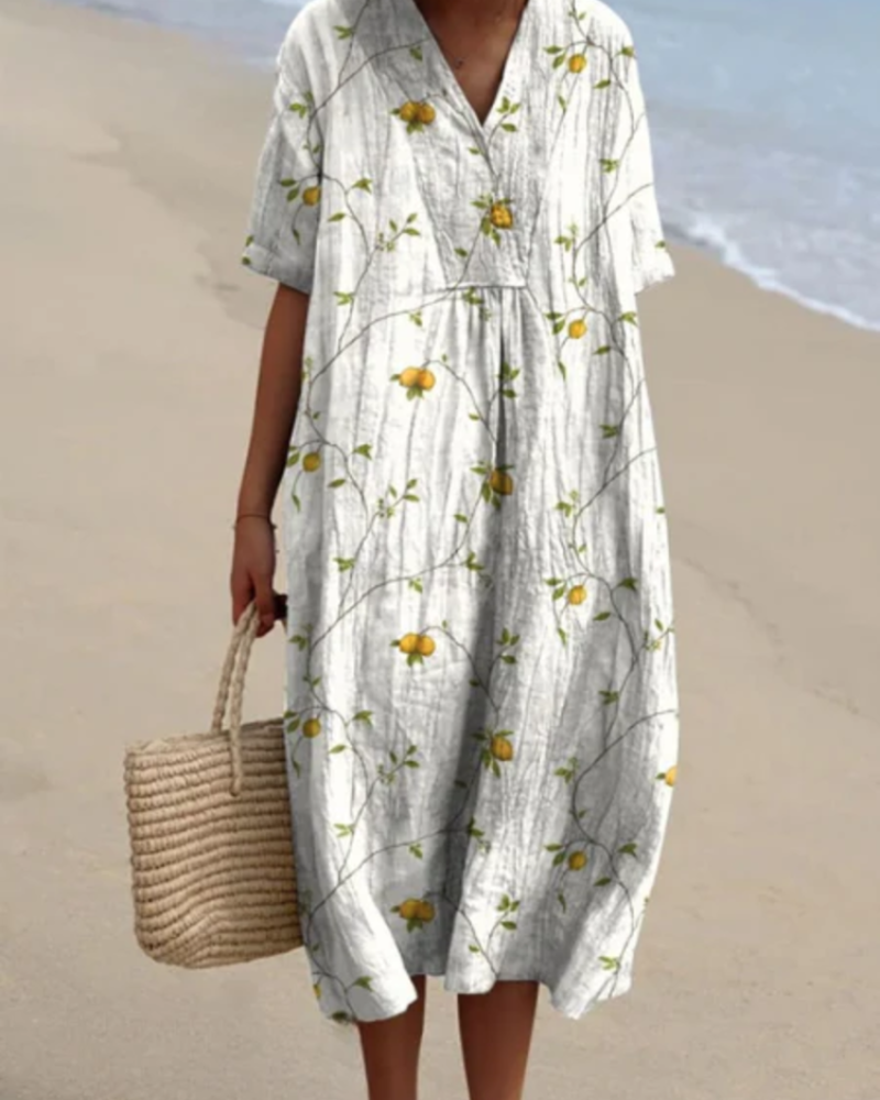 Delilah Women's Floral Midi Dress – V-Neck, Pleated Detail & Relaxed Summer Fit