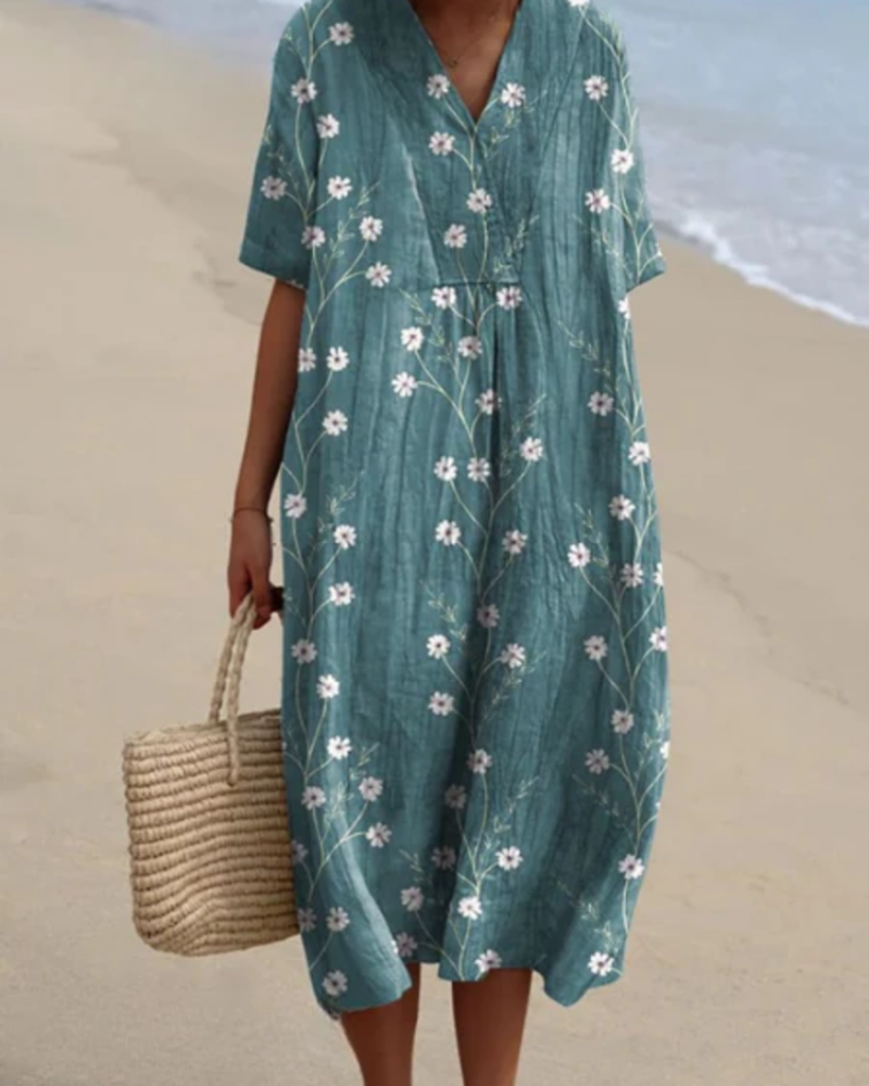 Delilah Women's Floral Midi Dress – V-Neck, Pleated Detail & Relaxed Summer Fit