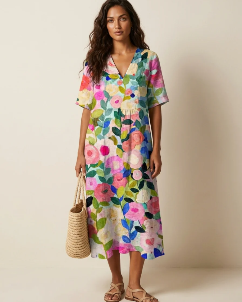 Delilah Women's Floral Midi Dress – V-Neck, Pleated Detail & Relaxed Summer Fit