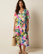 Delilah Women's Floral Midi Dress – V-Neck, Pleated Detail & Relaxed Summer Fit