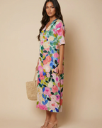 Delilah Women's Floral Midi Dress – V-Neck, Pleated Detail & Relaxed Summer Fit