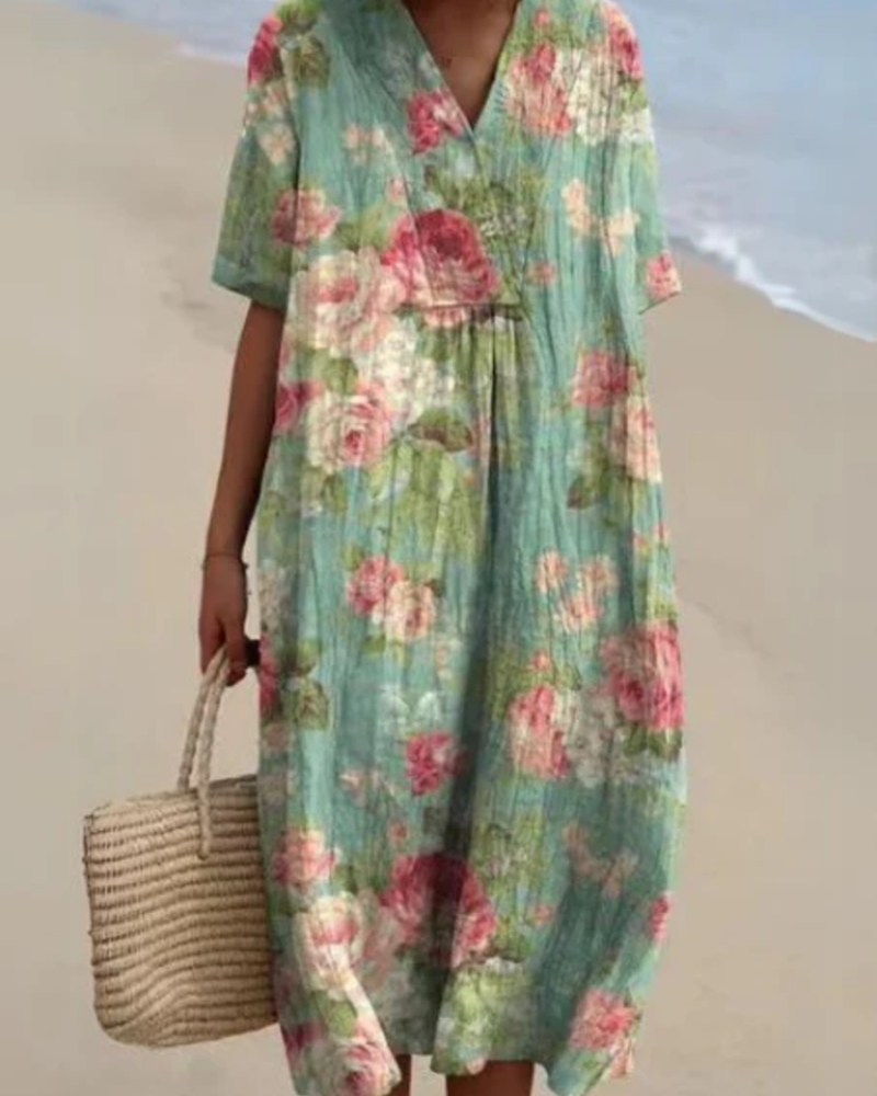 Delilah Women's Floral Midi Dress – V-Neck, Pleated Detail & Relaxed Summer Fit