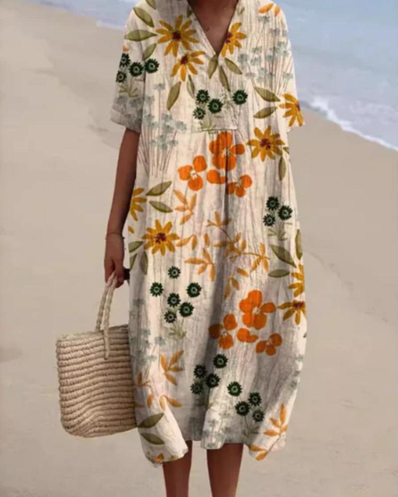 Delilah Women's Floral Midi Dress – V-Neck, Pleated Detail & Relaxed Summer Fit