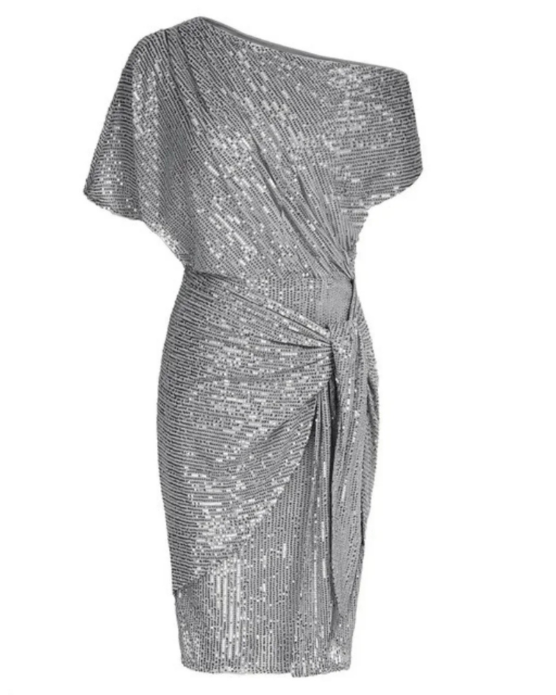 Heather Women's Sequin Wrap Dress – Asymmetrical Draping for Parties & Galas