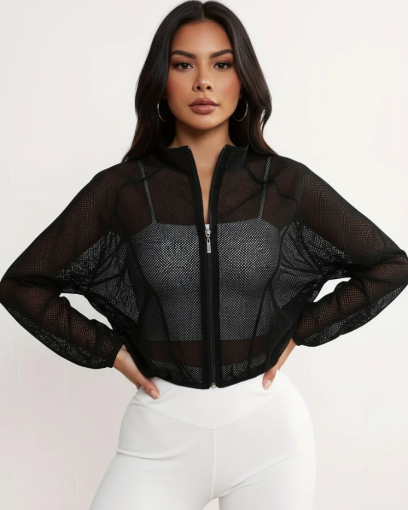 Alyssa Women's Mesh Jacket – Cropped Full-Zip Activewear Top with Side Pockets