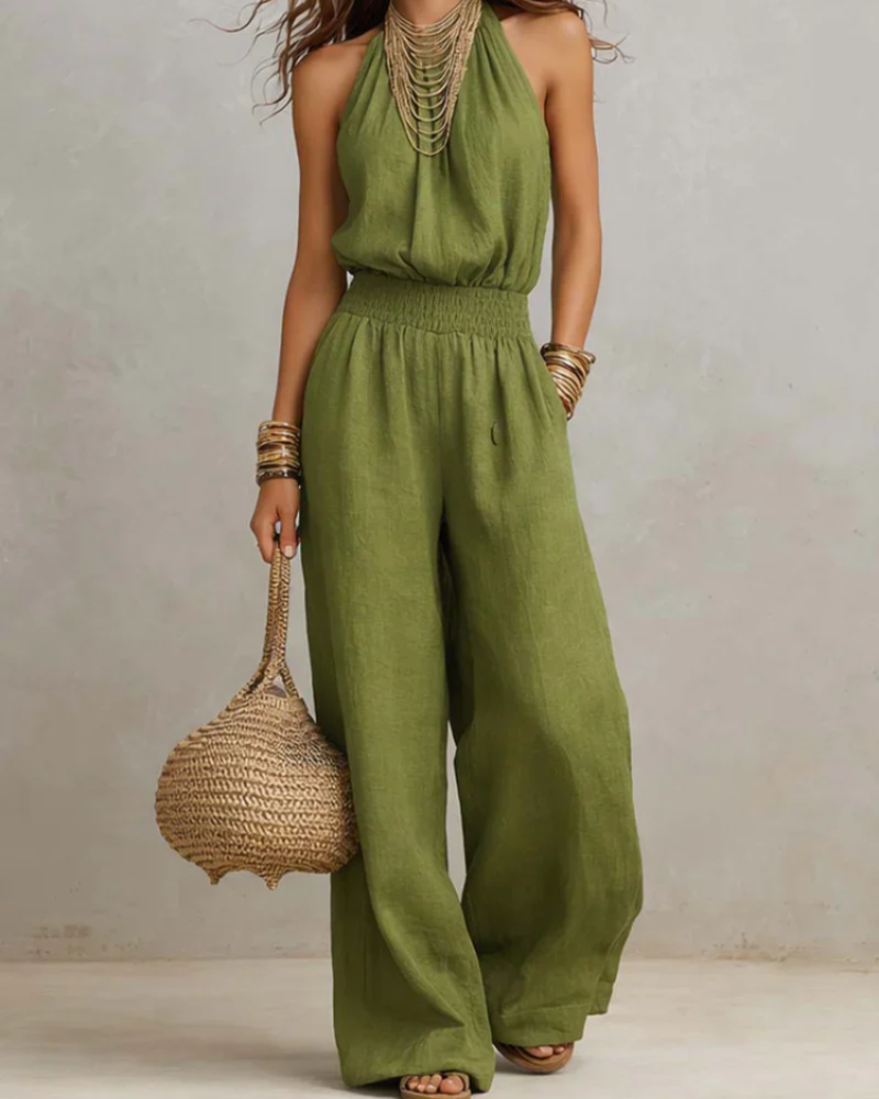 Megan Women's Halter Jumpsuit – Wide Leg, Smocked Waist & Side Pockets