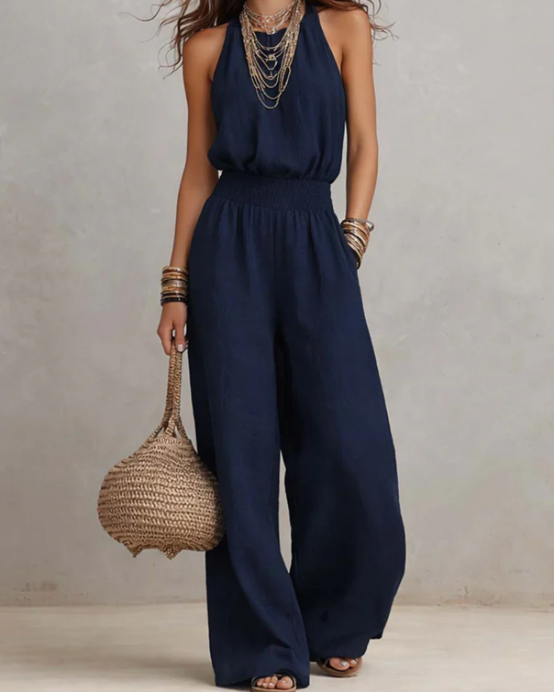 Megan Women's Halter Jumpsuit – Wide Leg, Smocked Waist & Side Pockets