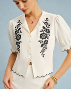 Elise Women's Beige Blouse – Puff Sleeves, Embroidery & Contrast Details