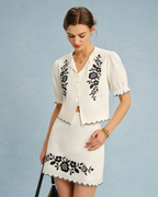 Elise Women's Beige Blouse – Puff Sleeves, Embroidery & Contrast Details