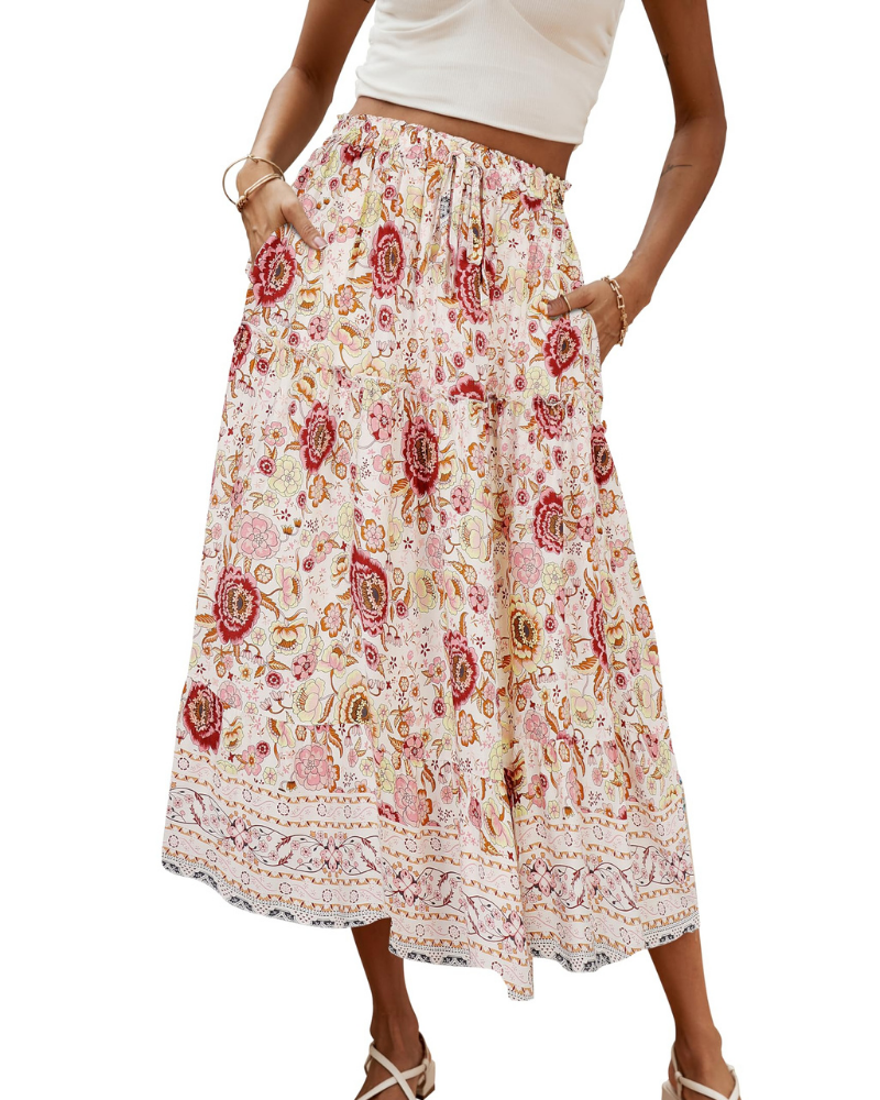 Brielle Women’s Maxi Skirt – Boho Floral High Waist Skirt with Pockets