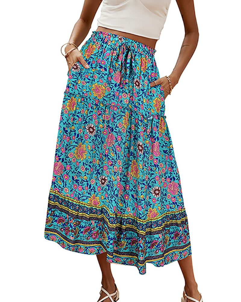 Brielle Women’s Maxi Skirt – Boho Floral High Waist Skirt with Pockets